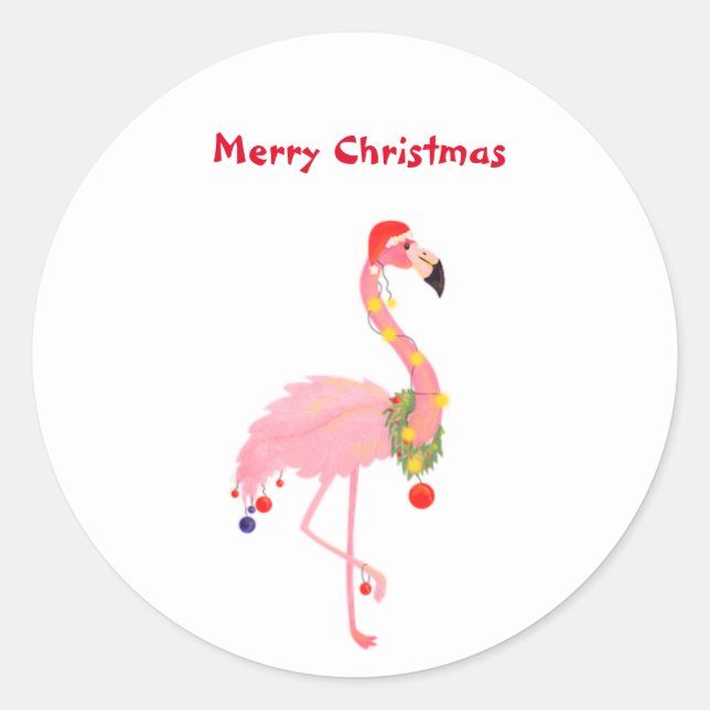 Adesivo Redondo Flamingo Santa Hat Feliz Natal Clássico Ronda S (Frente)