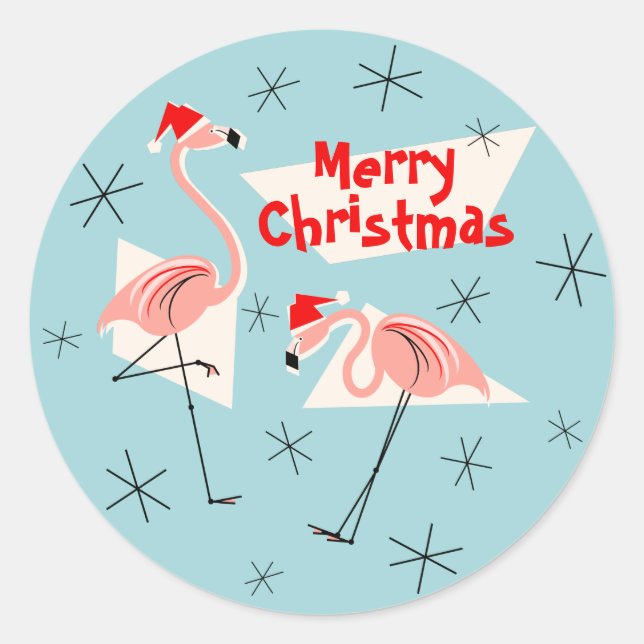 Adesivo Redondo Flamingo Santas Blue Merry Christmas sticker round (Frente)