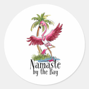 Adesivo Redondo Flamingo Yoga Namaste Pelas Palmeiras Da Praia Vi