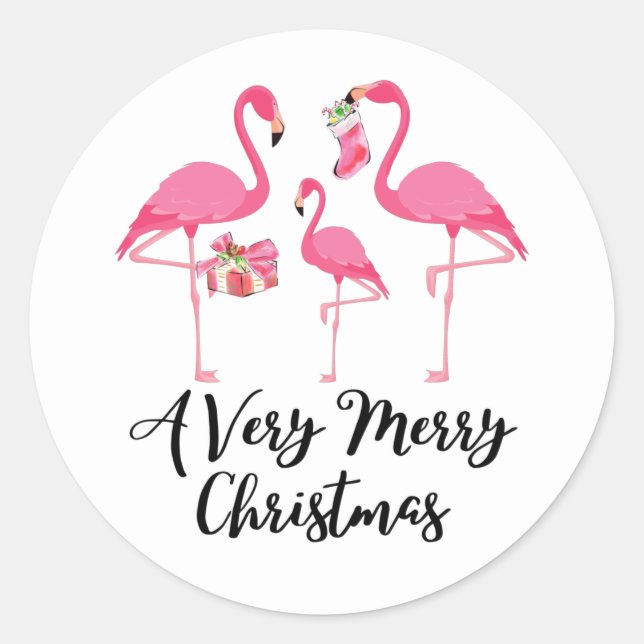 Adesivo Redondo Flamingos de Natal Muito Feliz Férias (Frente)