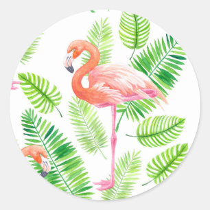 Adesivo Redondo Flamingos e folhas tropicais