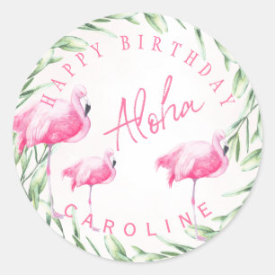 Adesivo Redondo Flamingos rosa Aloha aniversário feliz tropical