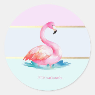 Adesivo Redondo Flamingos Rosa Listras Pastel Modernas