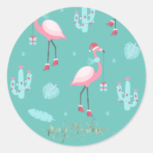 Adesivo Redondo Flamingos Santa Hat Presents Flocos de Neve