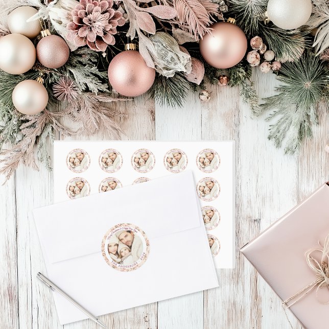 Adesivo Redondo Flat Floral Rosa Vintage Personalizável (Shabby Chic Christmas Small Stickers)