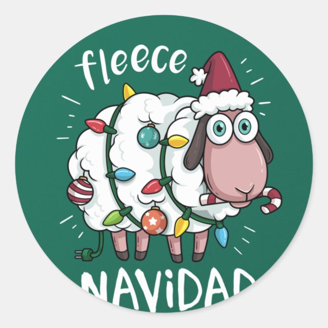 Adesivo Redondo Fleece Feliz Navidad Funny Cute Sheep Christmas (Frente)