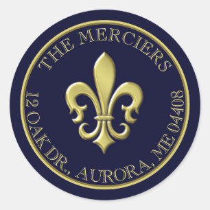 Adesivo Redondo Fleur de Lis - Endereço de devolução azul metá