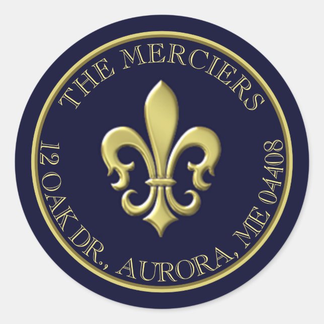 Adesivo Redondo Fleur de Lis Endereço Dourado Azul Metálico (Frente)