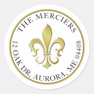 Adesivo Redondo Fleur de Lis, Endereço Dourado Metálico Clássic