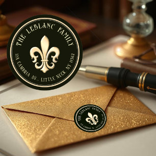 Adesivo Redondo Fleur de Lis Endereço Dourado metálico de preto