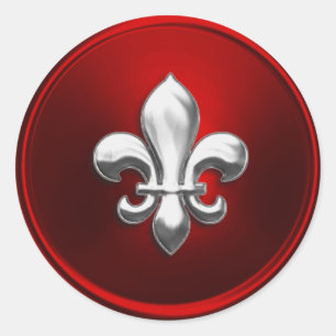Adesivo Redondo Fleur de Lis Envelope Seal Vermelho e Prateado