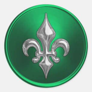 Adesivo Redondo Fleur de Lis, Flor Verde e Prateado