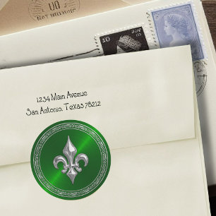 Adesivo Redondo Fleur de Lis, Flor Verde e Selo de Envelope de Pra