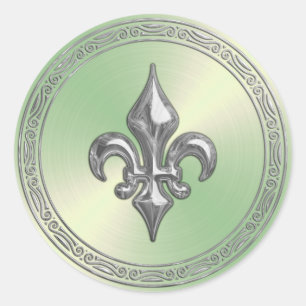 Adesivo Redondo Fleur de Lis, Flor Verde e Selo de Envelope de Pra