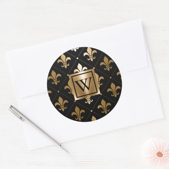 Adesivo Redondo Fleur-de-lis, preto e Ouro (Envelope)