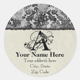 Adesivo Redondo Fleur di Lys Damask Black Address Stickers