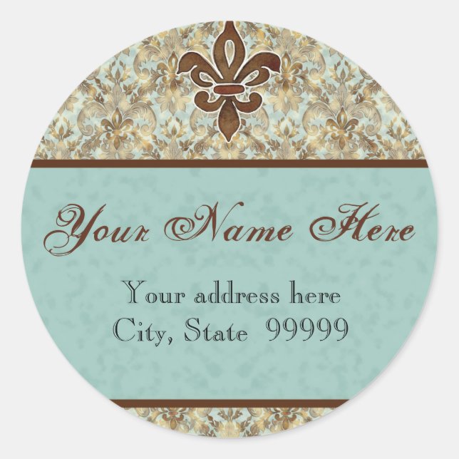 Adesivo Redondo Fleur di Lys Damask Brown Address Stickers (Frente)