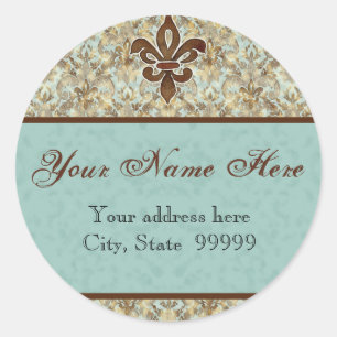 Adesivo Redondo Fleur di Lys Damask Brown Address Stickers