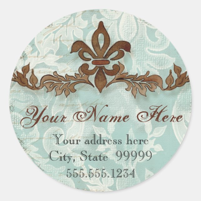 Adesivo Redondo Fleur di Lys Damask Brown Address Stickers (Frente)
