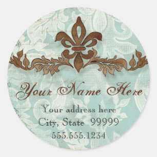 Adesivo Redondo Fleur di Lys Damask Brown Address Stickers