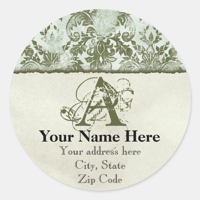 Adesivo Redondo Fleur di Lys Damask Sage Green Address Stickers (Frente)