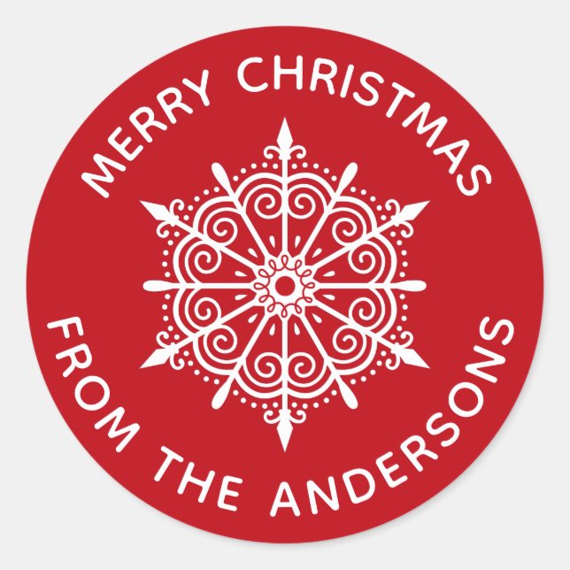 Adesivo Redondo Floco de Envelope de Neve Branco Vermelho (Frente)