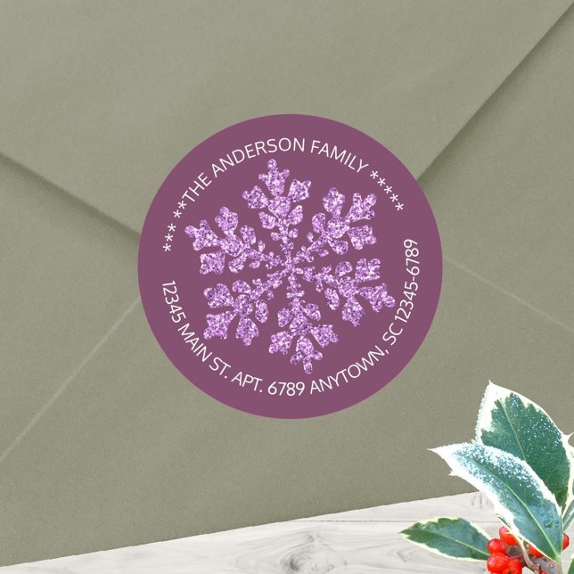 Adesivo Redondo Floco de Neve Ameixa Brilho Chic Rústico Personali (Plum purple round stickers with your name and address in white can be used as envelope seals too)
