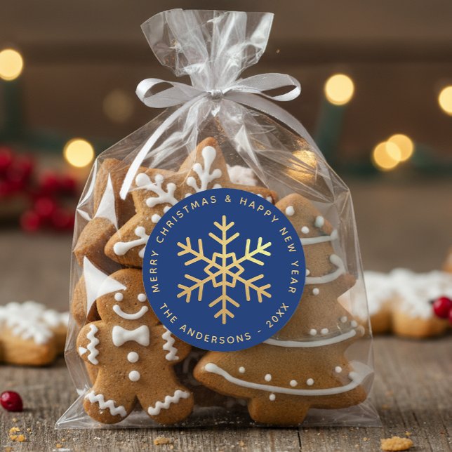 Adesivo Redondo Floco de Neve Azul Royal Elegante Natal Falso Dour (Criador carregado)