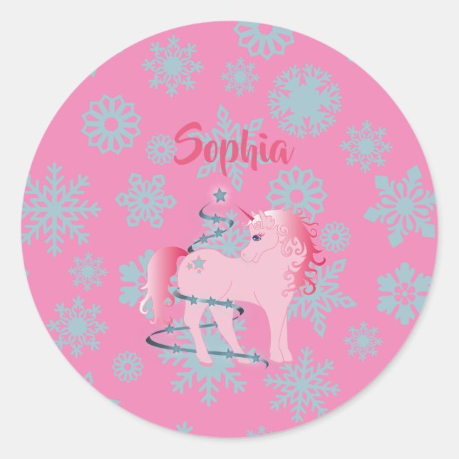Adesivo Redondo Floco de Neve Bonito de Garota Rosa de Natal (Frente)