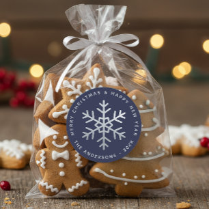 Adesivo Redondo Floco de Neve de Natal Azul Marinho Faux Prata Ele