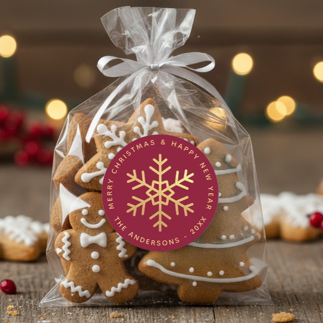Adesivo Redondo Floco de Neve de Natal Borgonha Dourado Elegante  (Criador carregado)