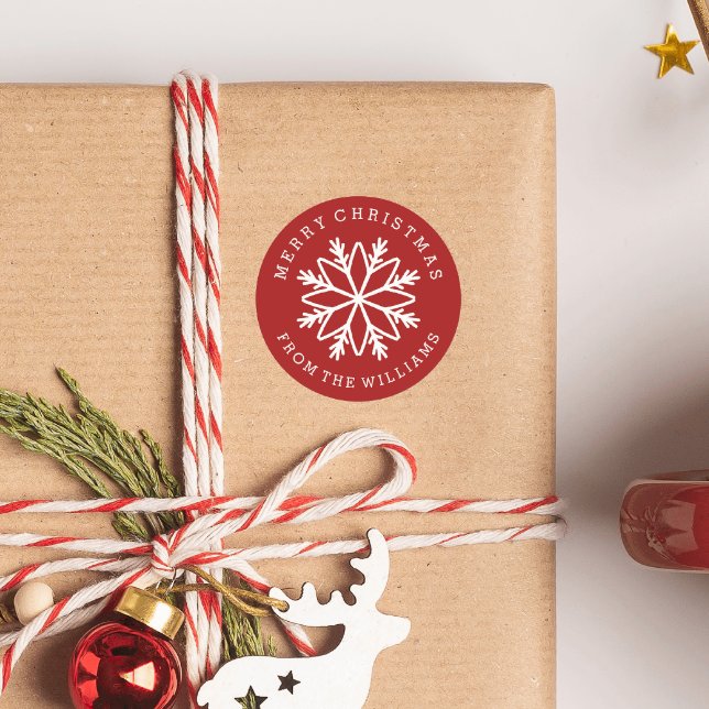 Adesivo Redondo Floco de neve de Natal Cor personalizada personali (RED SNOWFLAKE THEMED ROUND STICKER WITH CUSTOM TEXT)