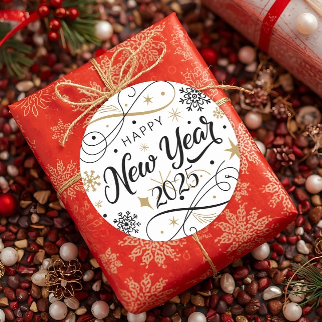 Adesivo Redondo Floco de neve Dourado feliz ano novo (Criador carregado)