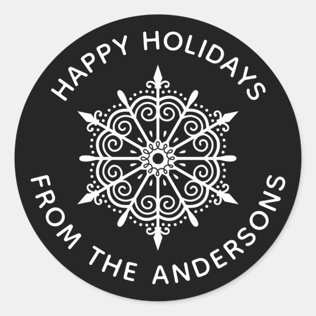 Adesivo Redondo Floco de neve Elegante Negro Natal branco inverno (Frente)