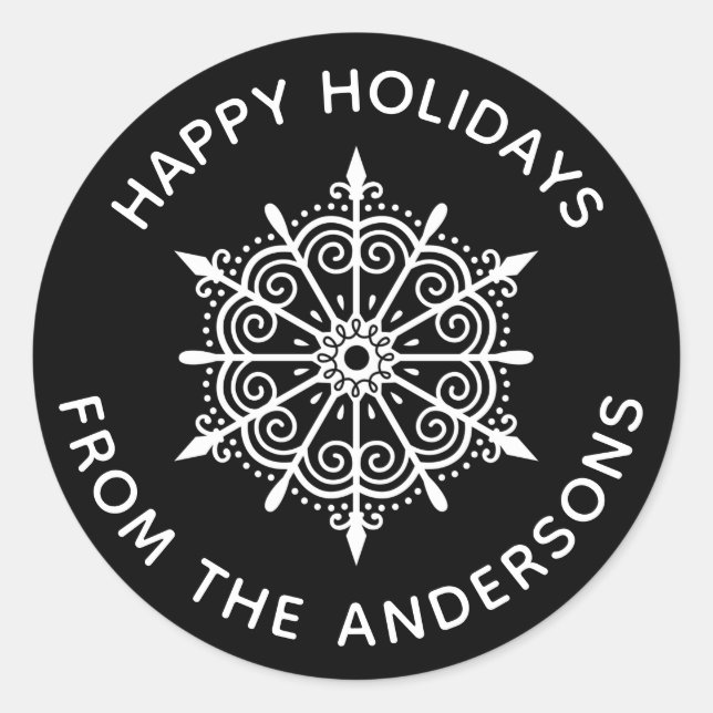 Adesivo Redondo Floco de neve Elegante Negro Natal branco inverno (Frente)