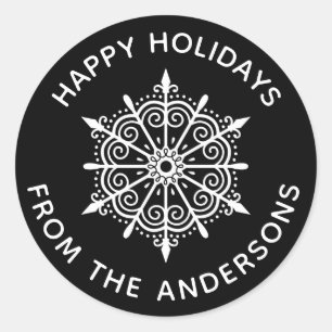 Adesivo Redondo Floco de neve Elegante Negro Natal branco inverno