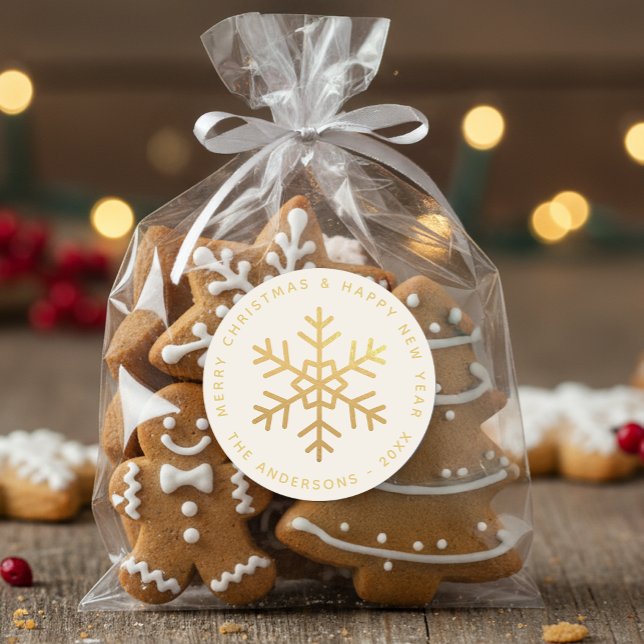 Adesivo Redondo Floco de Neve Falso Ouro Feliz Natal Ano Novo (Criador carregado)