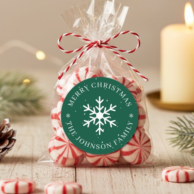 Adesivo Redondo Floco de Neve Feliz Natal Feriado de Inverno Verde (Snowflake Merry Christmas Winter Holiday Green Classic Round Sticker
)