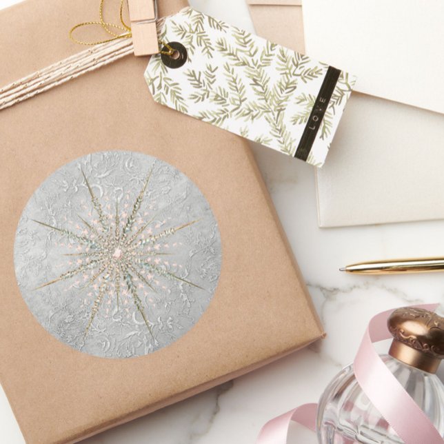 Adesivo Redondo Floco de neve rosa elegante, cor-de-rosa, inverno (Criador carregado)