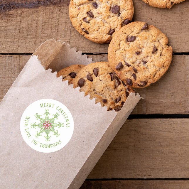 Adesivo Redondo Floco de neve verde-branco-quente, moderno Natal (Merry Christmas colorful red and green whimsical snowflake gift sticker. )