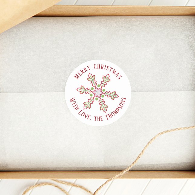 Adesivo Redondo Floco de neve verde-branco-quente, moderno Natal (Merry Christmas colorful red and green whimsical snowflake gift sticker. )