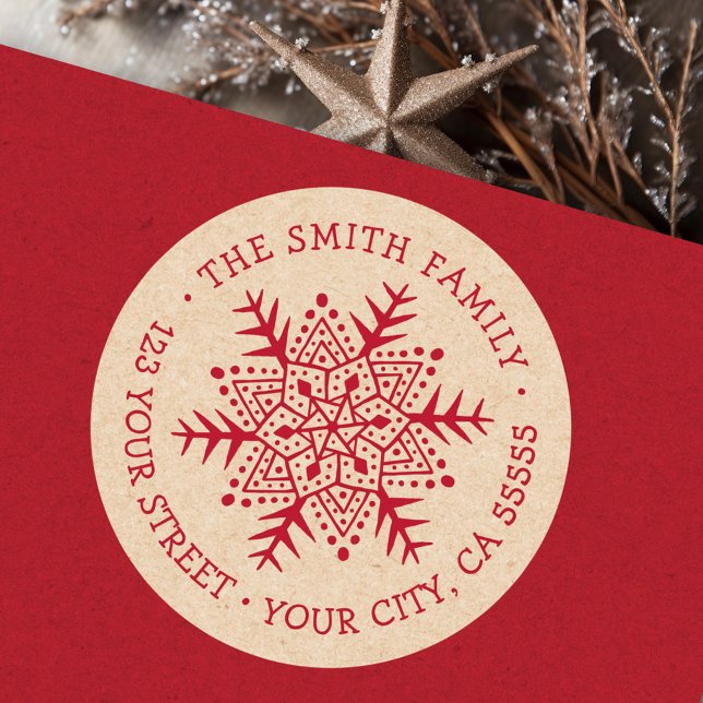 Adesivo Redondo Floco de neve Whimsical Kraft olha vermelho endere (Whimsical snowflake Kraft look red return address Classic Round)