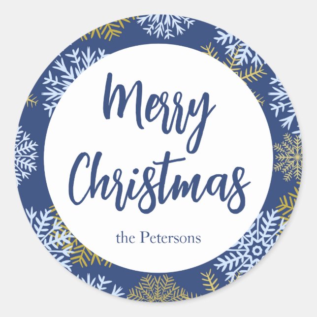 Adesivo Redondo Flocos de neve azuis de inverno azul de feliz Nata (Frente)