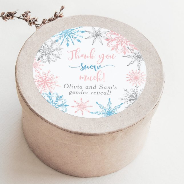 Adesivo Redondo Flocos de neve azuis rosados Muito obrigado neve (Criador carregado)