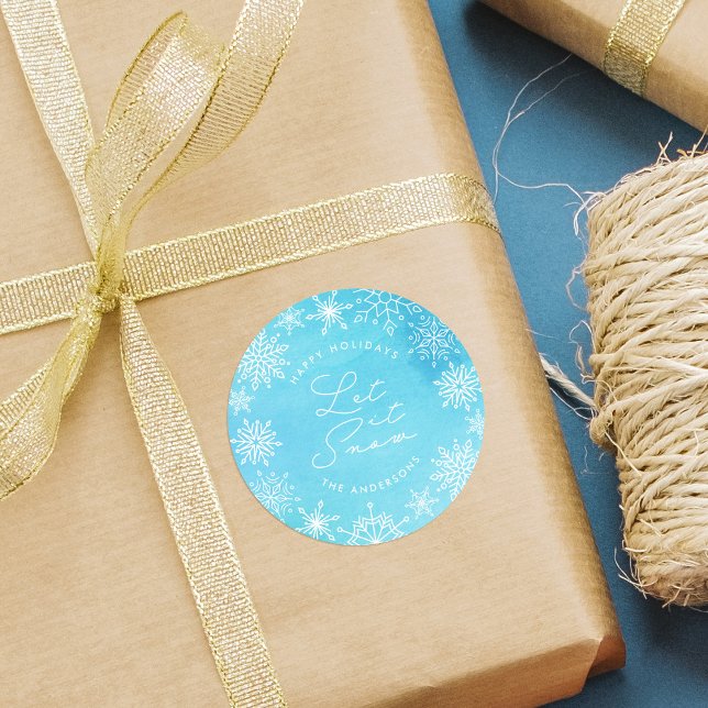 Adesivo Redondo Flocos de neve com aquarelas azuis Deixar nevar (Criador carregado)