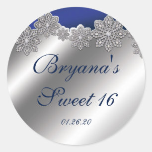 Adesivo Redondo Flocos de neve de cristal azul e prata de inverno