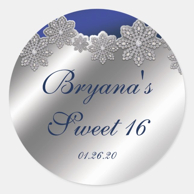 Adesivo Redondo Flocos de neve de cristal azul e prata de inverno (Frente)