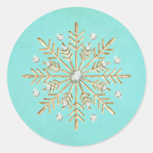 Adesivo Redondo Flocos de neve de Natal Aqua e Dourado