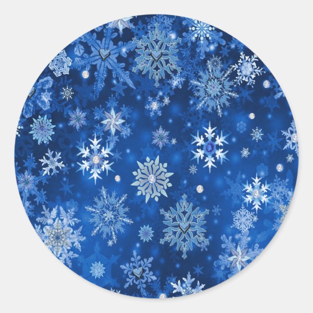 Adesivo Redondo Flocos de neve de Natal Azul e Prata (Frente)