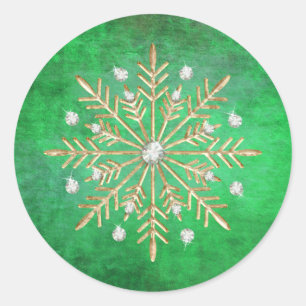 Adesivo Redondo Flocos de neve de Natal verdes e Dourados